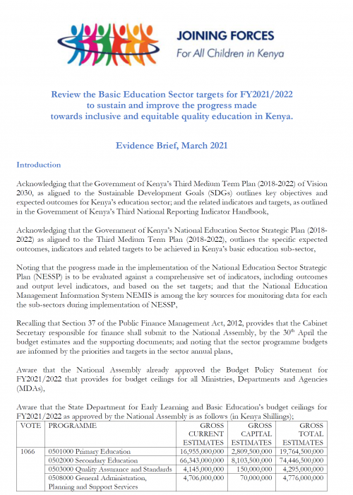 Evidence Brief - Basic Education Sector - March 2021